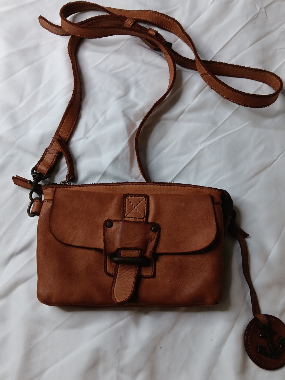 Tan Leather Crossbody Bag with Buckle Detail